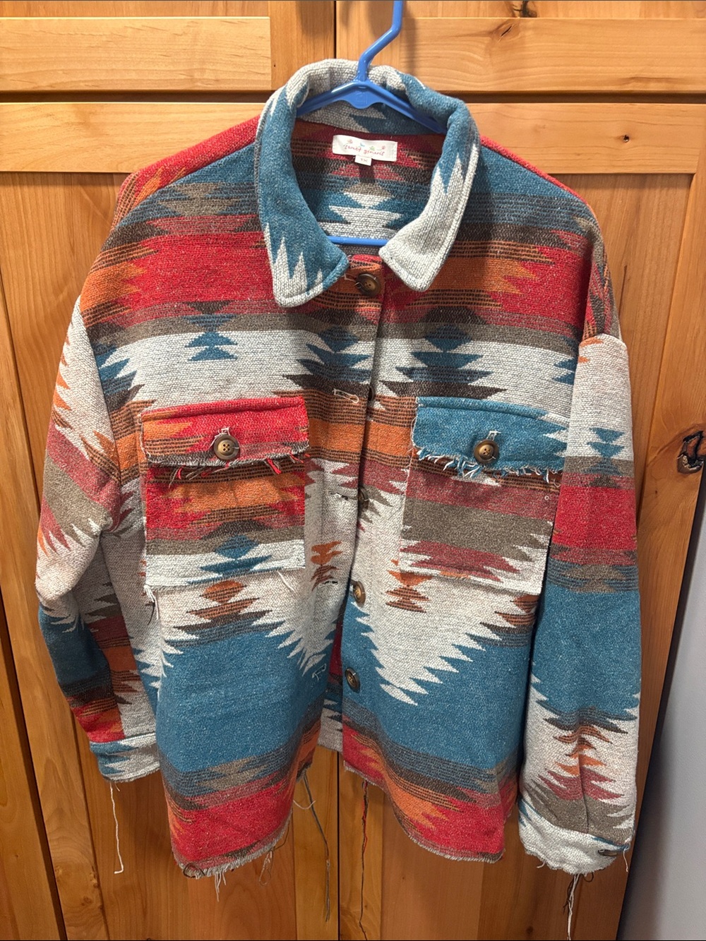 Aztec-Pattern Utility Jacket in Teal & Red